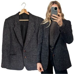Vintage Wool Blend Black Grey Speckled Confetti Multi Colour Tweed Blazer Jacket